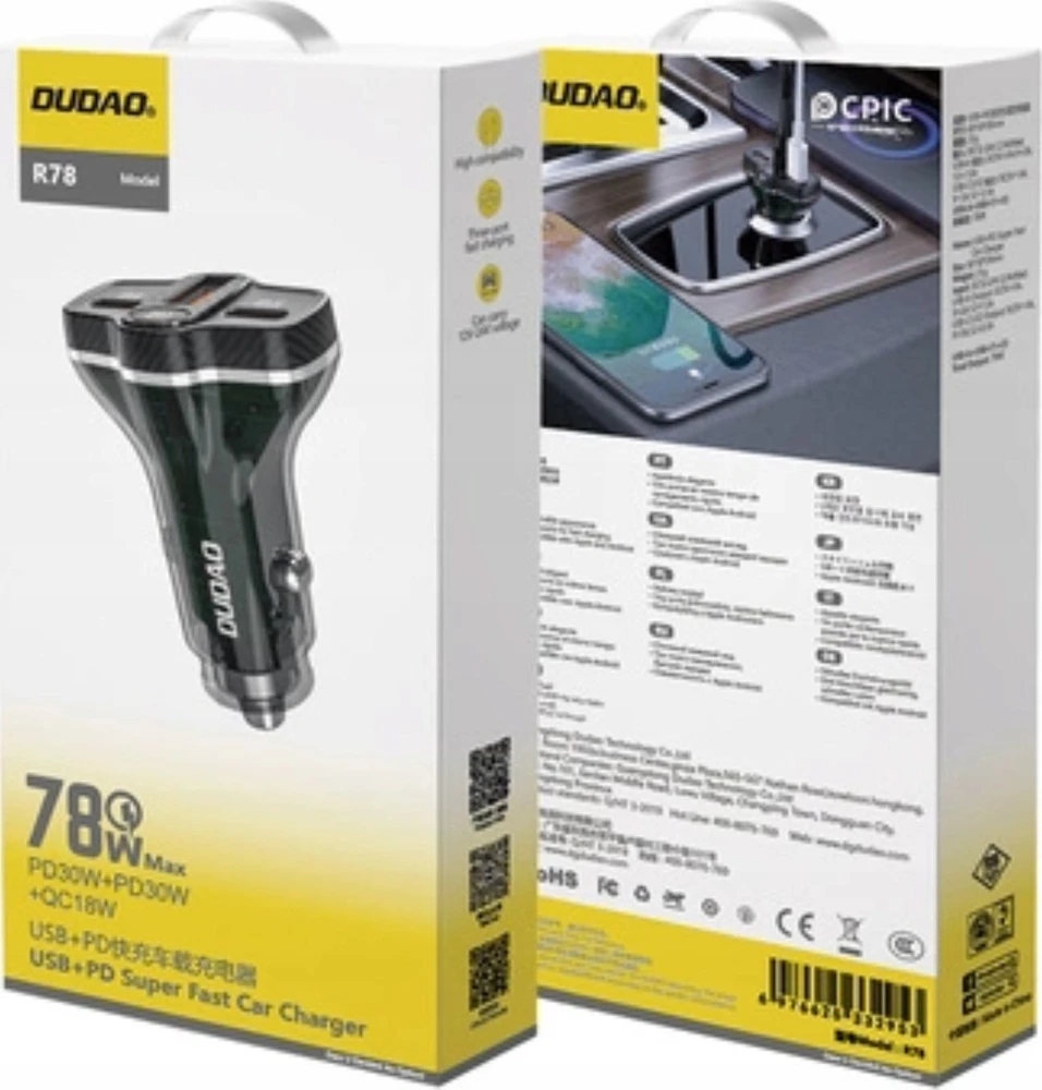 Dudao R78 78W automobilinis įkroviklis USB-C PD / 2xUSB-A QC – juodos spalvos