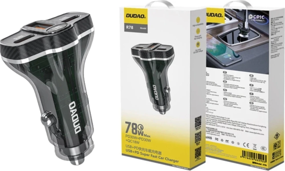 Dudao R78 78W automobilinis įkroviklis USB-C PD / 2xUSB-A QC – juodos spalvos