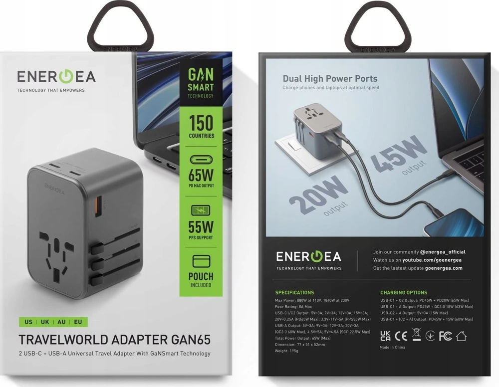 ENERGEA Laidinis įkroviklis 1xUSB + 2xUSB-C PD-PPS-QC 3.0 65W 1A2C 4-in-1 Adapteris US/AU/EU/UK Gunmetal Trav
