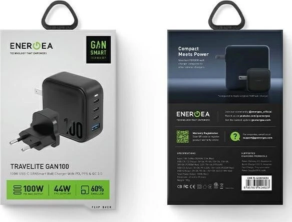 ENERGEA Laidinis įkroviklis 1xUSB+3xUSB-CPD-PPS-QC 3.0 100W 3C1A juodos spalvos US+EU Travelite GAN100