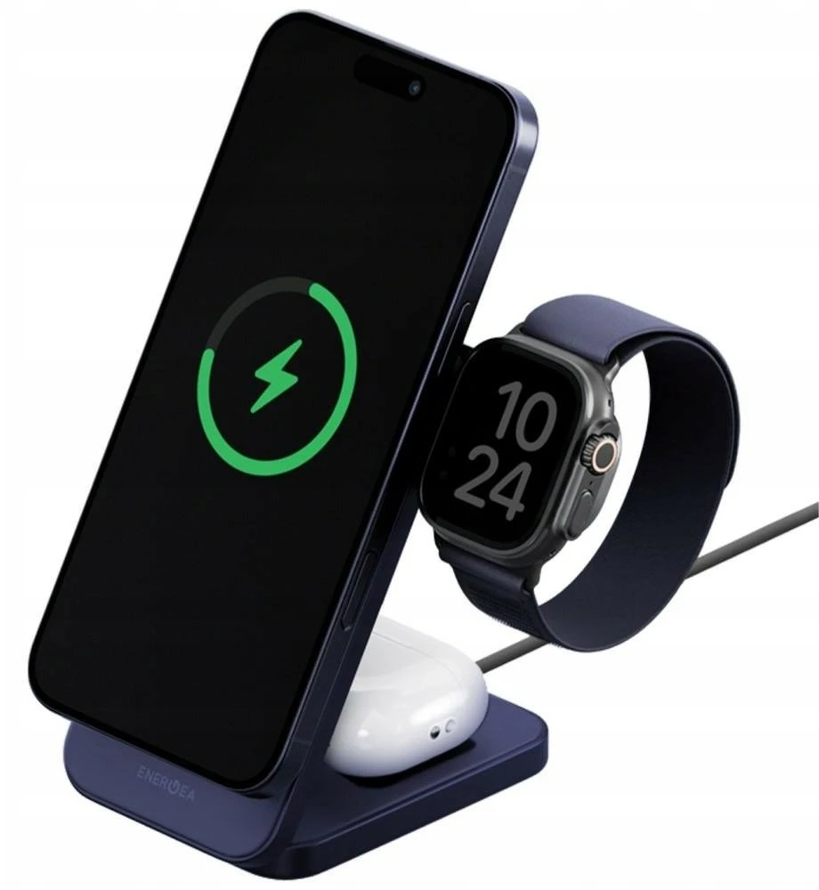 Belaidis įkroviklis Energea MagTrio 2 3-in-1 Qi2 25W foldable mėlynos spalvos