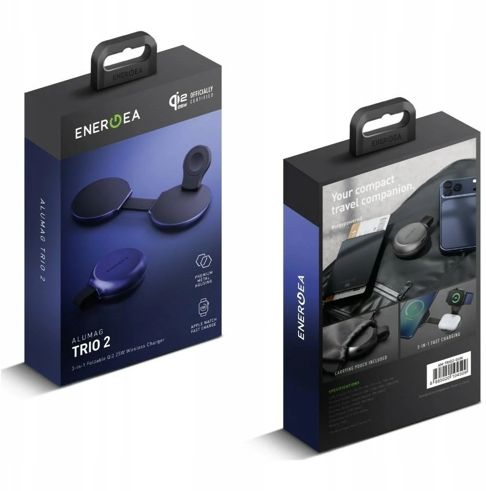 Belaidis įkroviklis Energea MagTrio 2 3-in-1 Qi2 25W foldable mėlynos spalvos