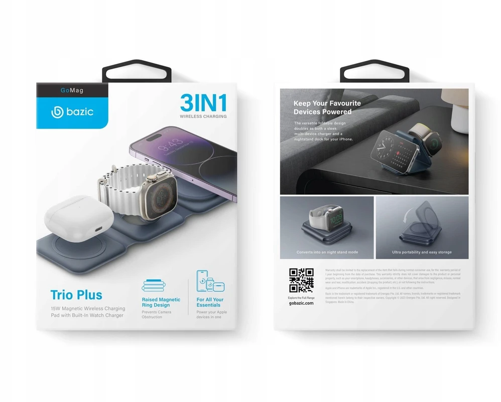 ENERGEA Bazic GoMag Trio Plus Compact Foldable 3-in-1 Belaidis įkroviklis 15W Fast Charging Navy Mėlyna