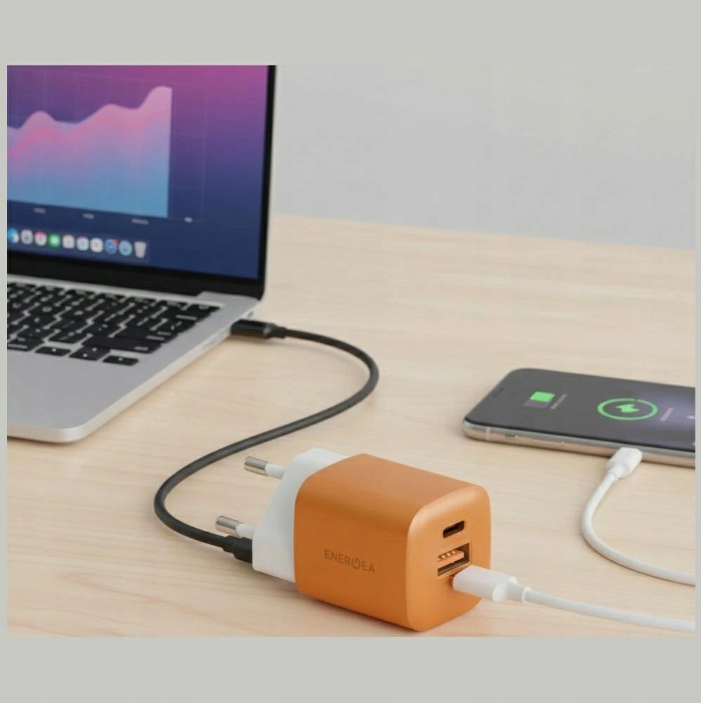 Laidinis įkroviklis Energea Ampcharge GaN35 USB-C/USB-A PD/PPS/QC3.0 35W oranžinis