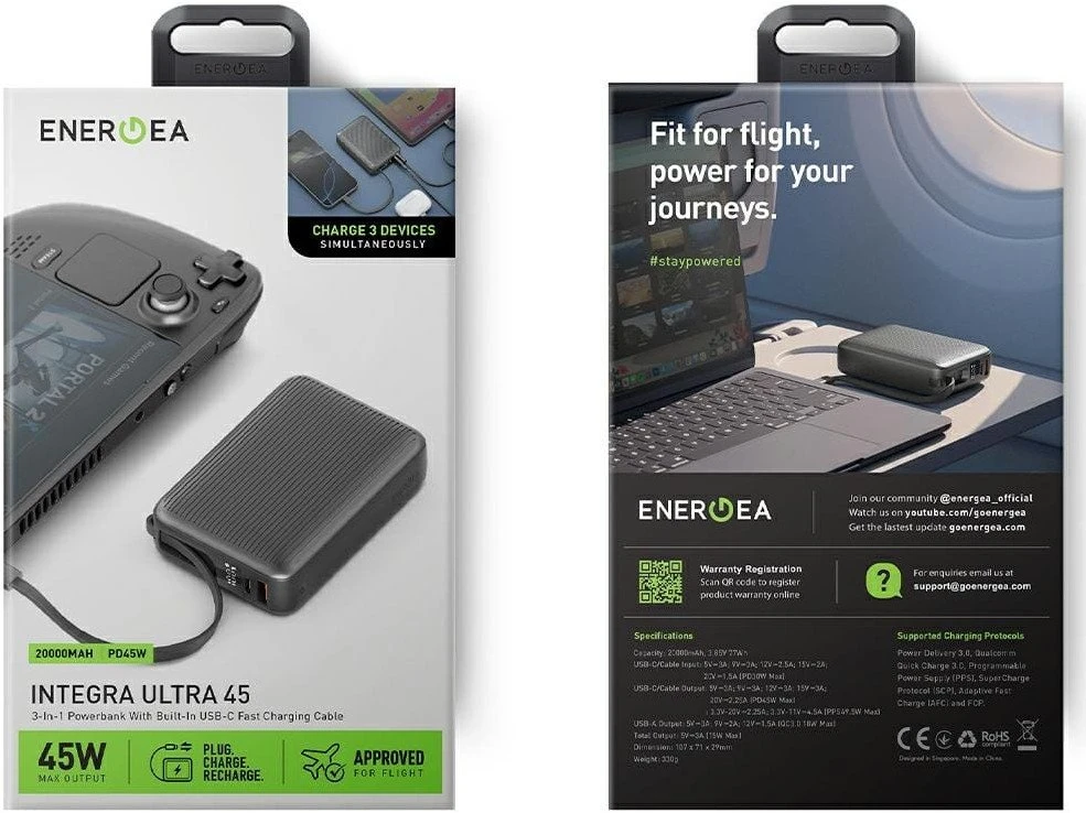 PowerBank Energea Integra Ultra 45 20000mAh cable USB-C PD45W pilkos spalvos