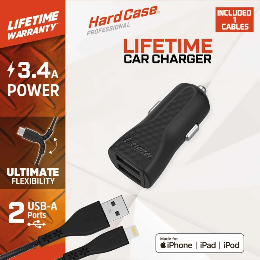 Energizer HardCase - automobilinis įkroviklis 2x USB-A 17W 3.4A + MFi certified Lightning cable juodos spalvos