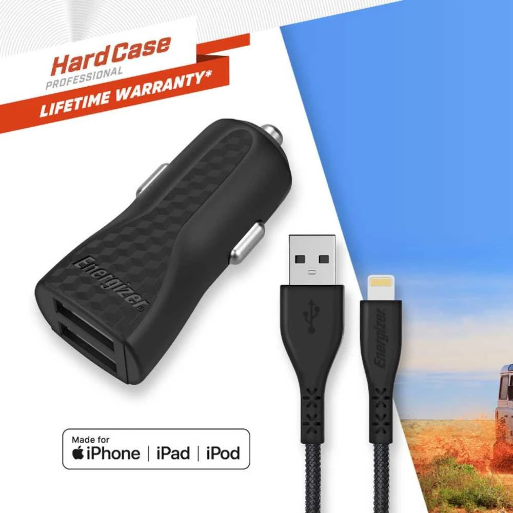 Energizer HardCase - automobilinis įkroviklis 2x USB-A 17W 3.4A + MFi certified Lightning cable juodos spalvos