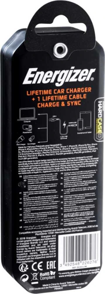 Energizer HardCase - automobilinis įkroviklis 2x USB-A 17W 3.4A + MFi certified Lightning cable juodos spalvos
