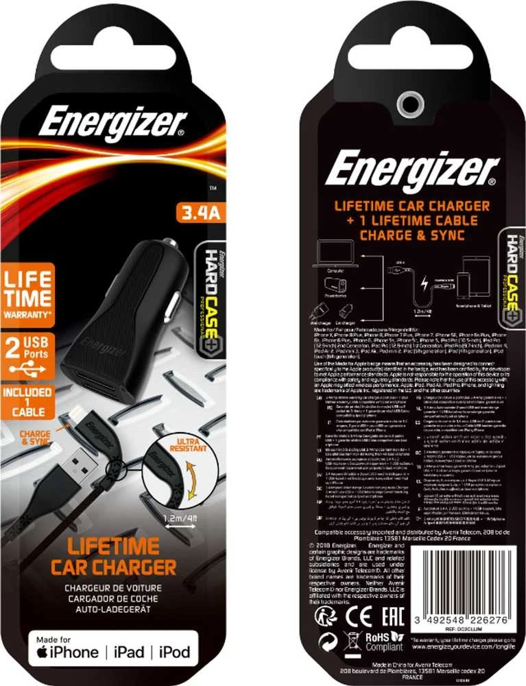 Energizer HardCase - automobilinis įkroviklis 2x USB-A 17W 3.4A + MFi certified Lightning cable juodos spalvos