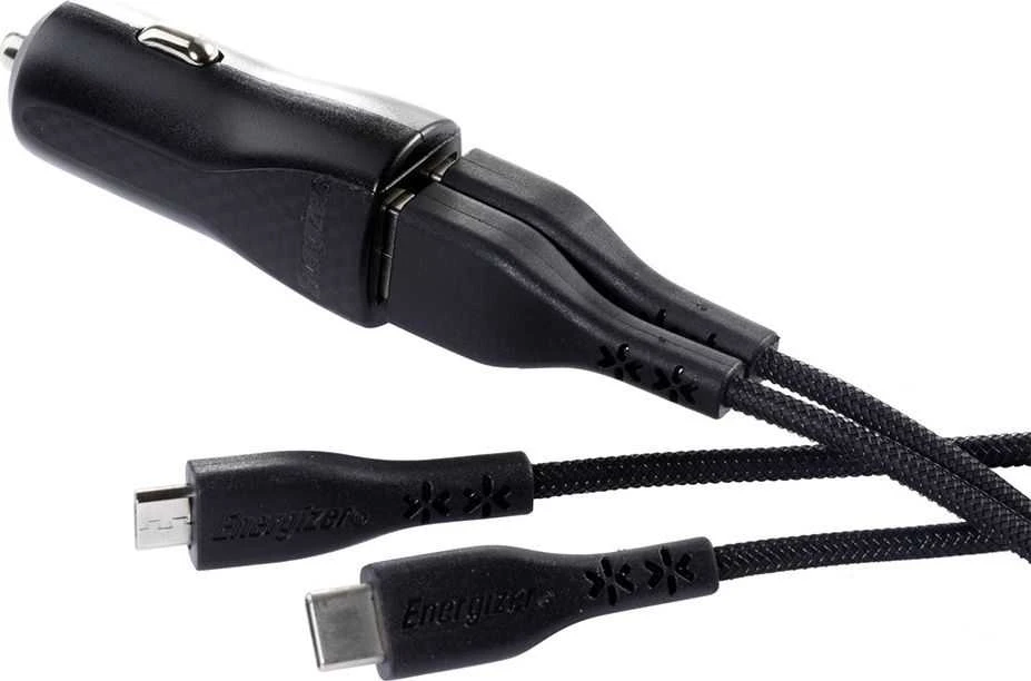 Energizer HardCase - Įkroviklis samochodowa 2x USB-A 2.4A + Kabelis USB-C & Micro USB (Juodas)