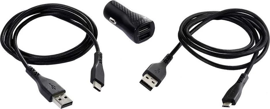 Energizer HardCase - Įkroviklis samochodowa 2x USB-A 2.4A + Kabelis USB-C & Micro USB (Juodas)