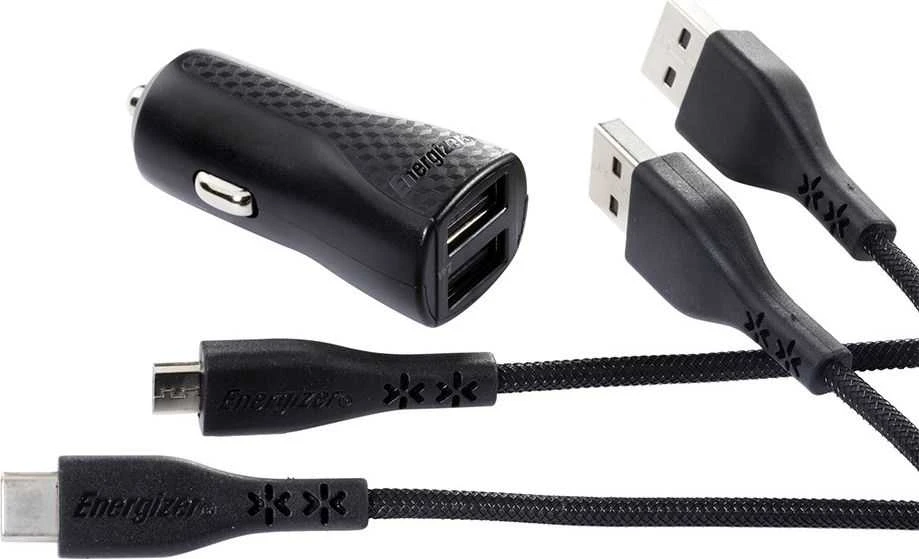 Energizer HardCase - Įkroviklis samochodowa 2x USB-A 2.4A + Kabelis USB-C & Micro USB (Juodas)