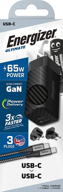 Energizer Ultimate - Multiplug EU / UK / US GaN USB-C & USB-A 65W PD mains įkroviklis + USB-C cable juodos spalvos