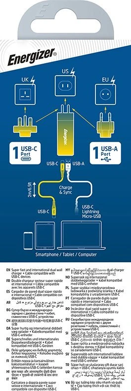 Energizer Ultimate - Multiplug EU / UK / US GaN USB-C & USB-A 65W PD mains įkroviklis + USB-C cable juodos spalvos