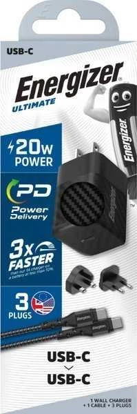 Energizer Ultimate - Įkroviklis jungiama į tinklą podróżna Multiplug EU / UK / US GaN USB-C 20W PD + kabelis USB-C (Juodas)