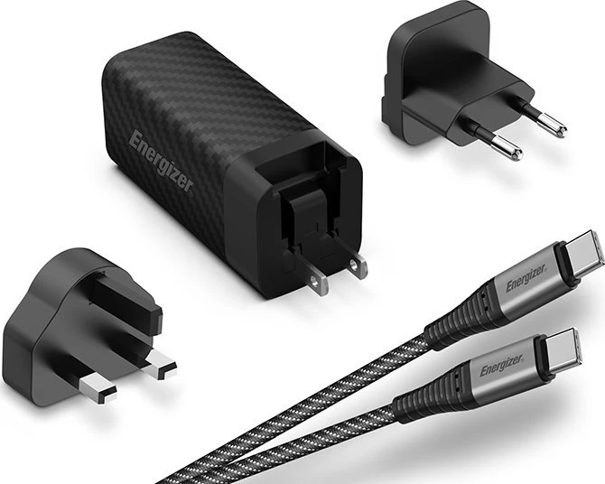 Energizer Ultimate - Multiplug EU / UK / US GaN USB-C & USB-A 65W PD mains įkroviklis + USB-C cable juodos spalvos