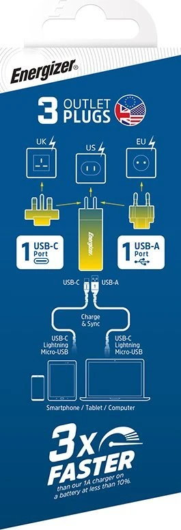 Energizer Ultimate - Multiplug EU / UK / US GaN USB-C & USB-A 65W PD mains įkroviklis sidabro spalvos