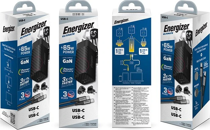 Energizer Ultimate - Multiplug EU / UK / US GaN USB-C & USB-A 65W PD mains įkroviklis + USB-C cable juodos spalvos