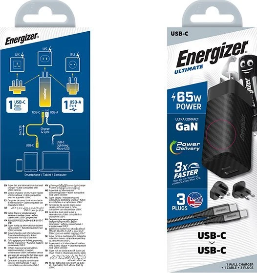 Energizer Ultimate - Multiplug EU / UK / US GaN USB-C & USB-A 65W PD mains įkroviklis + USB-C cable juodos spalvos