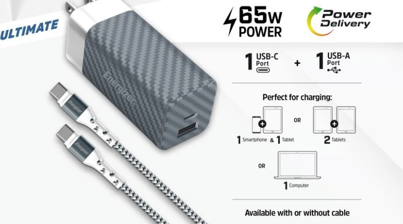 Energizer Ultimate - Multiplug EU / UK / US GaN USB-C & USB-A 65W PD mains įkroviklis + USB-C cable juodos spalvos