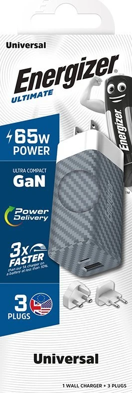 Energizer Ultimate - Multiplug EU / UK / US GaN USB-C & USB-A 65W PD mains įkroviklis sidabro spalvos
