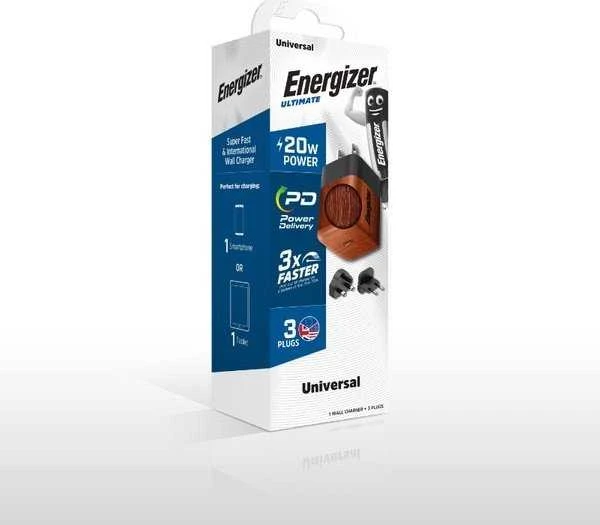 Energizer Ultimate - Įkroviklis jungiama į tinklą podróżna Multiplug EU / UK / US GaN USB-C 20W PD (Walnut burl)