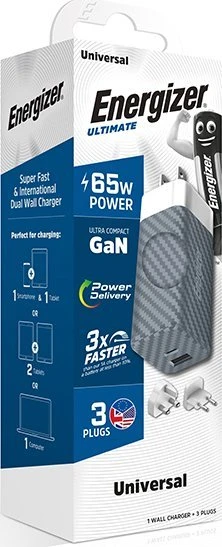 Energizer Ultimate - Multiplug EU / UK / US GaN USB-C & USB-A 65W PD mains įkroviklis sidabro spalvos