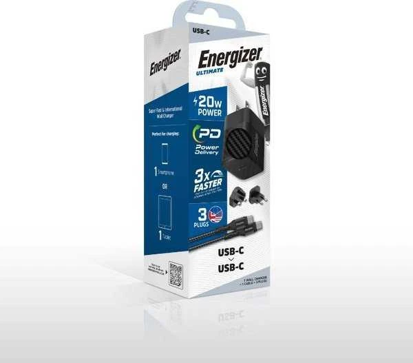 Energizer Ultimate - Įkroviklis jungiama į tinklą podróżna Multiplug EU / UK / US GaN USB-C 20W PD + kabelis USB-C (Juodas)