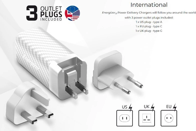 Energizer Ultimate - Multiplug EU / UK / US GaN USB-C & USB-A 65W PD mains įkroviklis sidabro spalvos