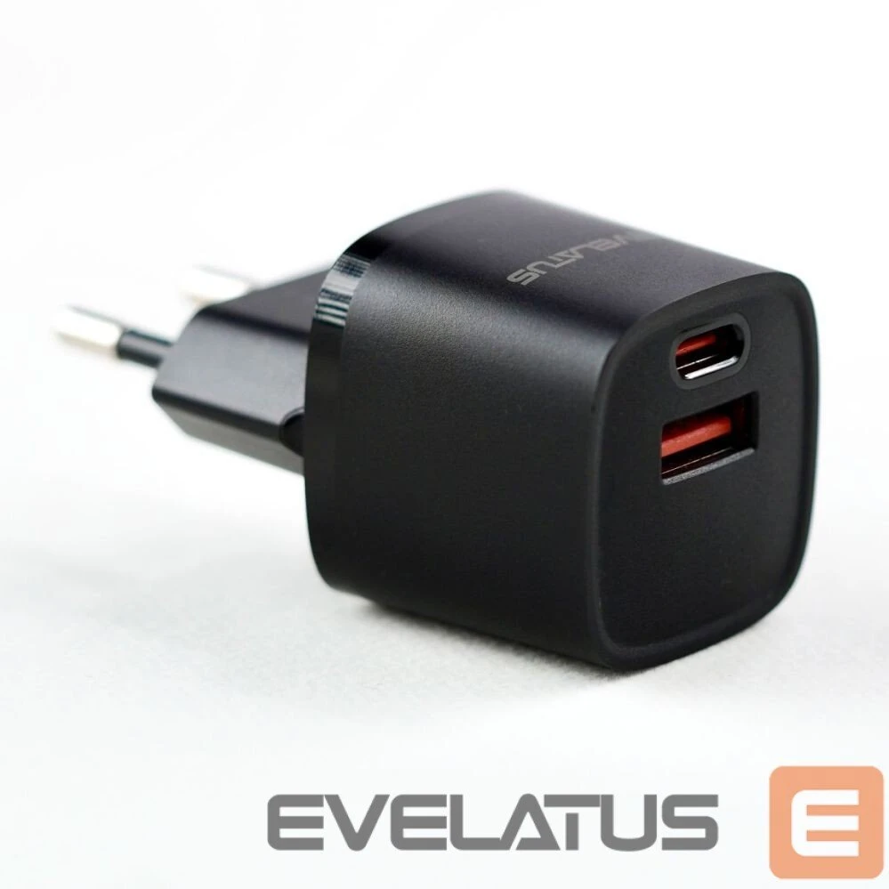 Įkroviklis Evelatus Adapteris USB-A and USB-C 30W Max / EU charger Juodas (ETC07BK)