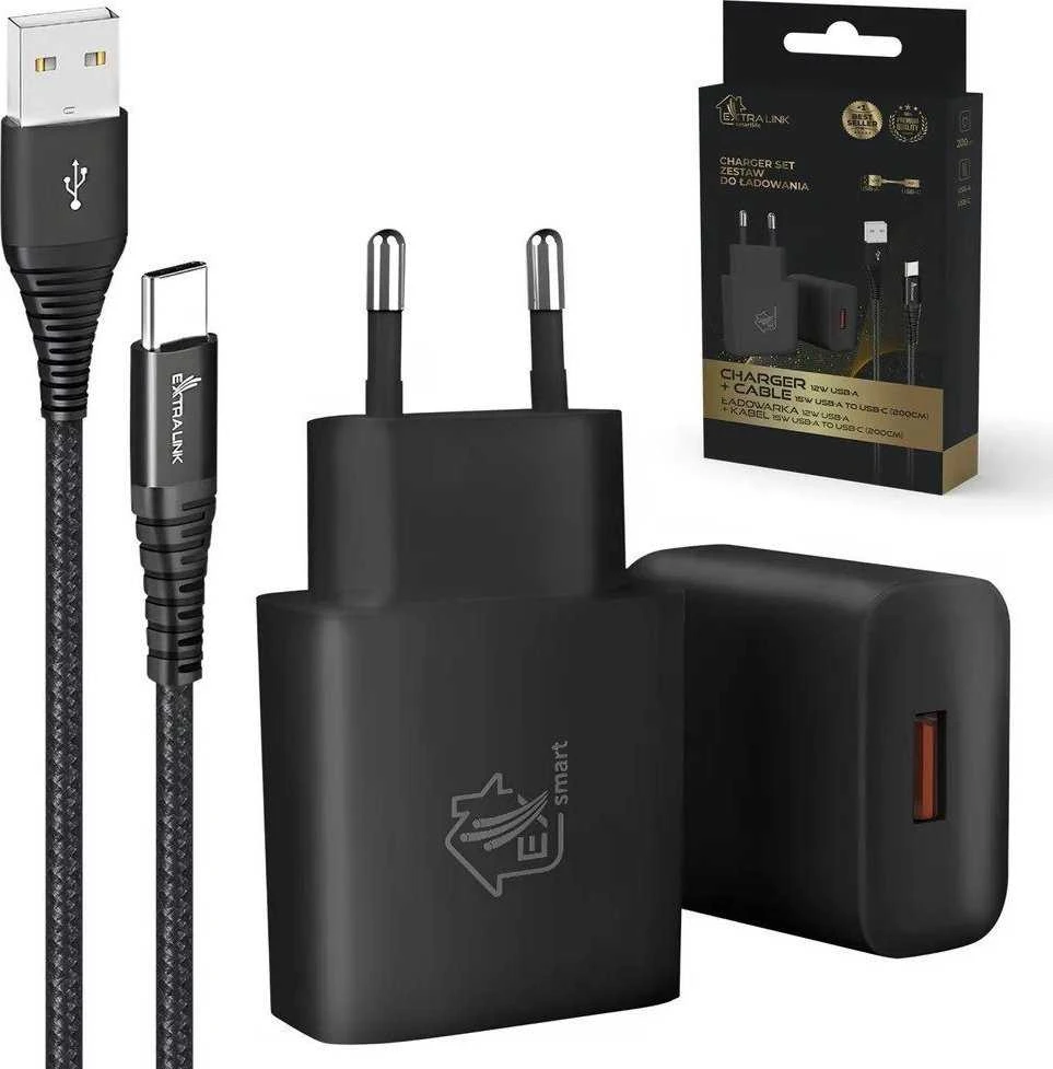 Extralink Smart Life USB Type-A į Type-C kabelis 200cm + 12W įkroviklis, juodas