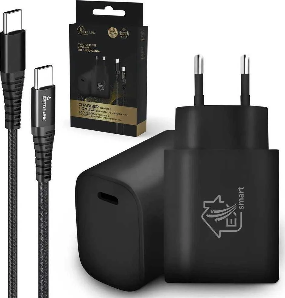 Extralink Smart Life 60W 20V 3A, USB-C-USB-C, 2.0m / 18W PD3.0 5V/3A 9V/2A juodas