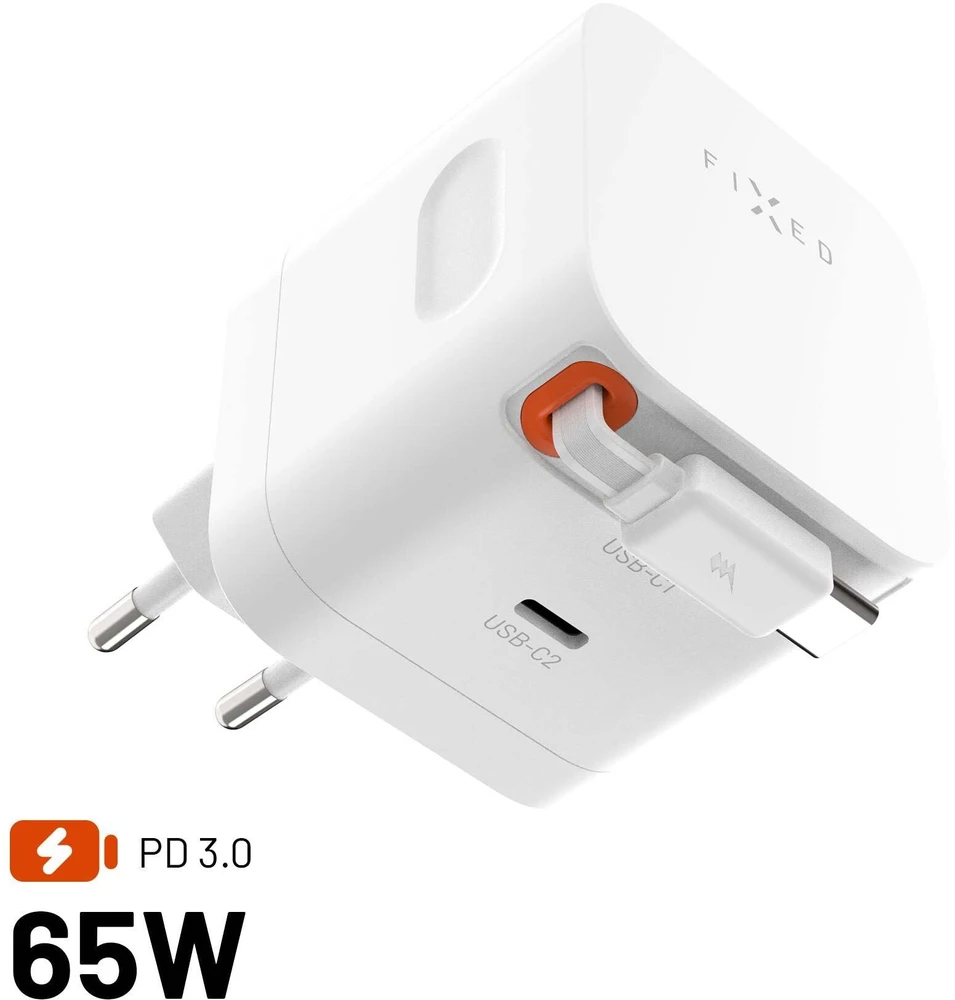 Fixed FIKSUOTAS GaN tinklo įkroviklis su 2xUSB-C palaikymu PD 3.0 su savaime susivyniojančiu laidu 65W baltas