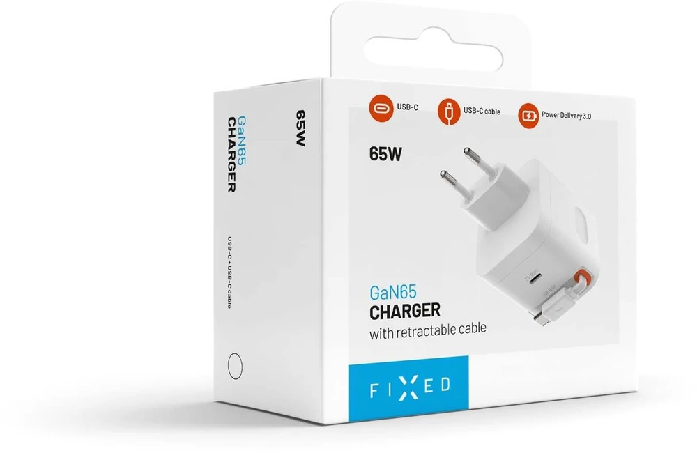 Fixed FIKSUOTAS GaN tinklo įkroviklis su 2xUSB-C palaikymu PD 3.0 su savaime susivyniojančiu laidu 65W baltas