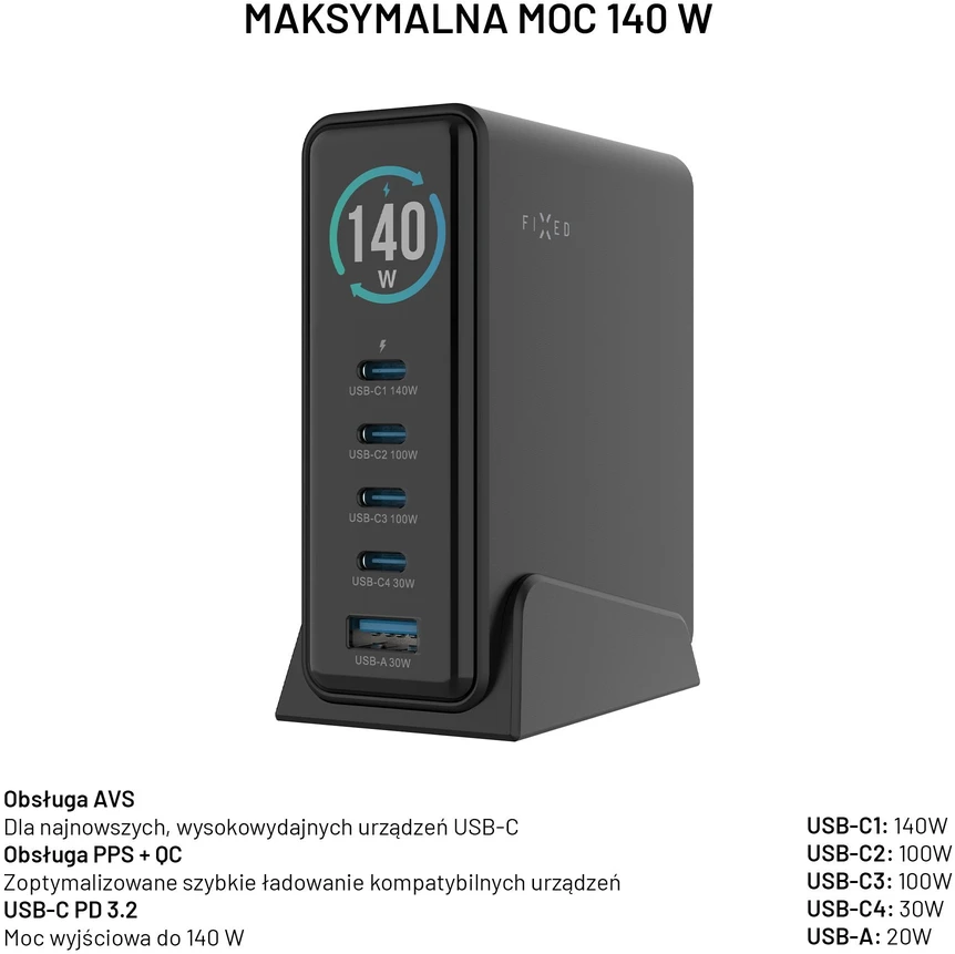 Fixed Fiksuotas GaN 140 įkroviklis 1x USB-A 4x USB-C 5 A (FIXCG140D-4C1A-BK)