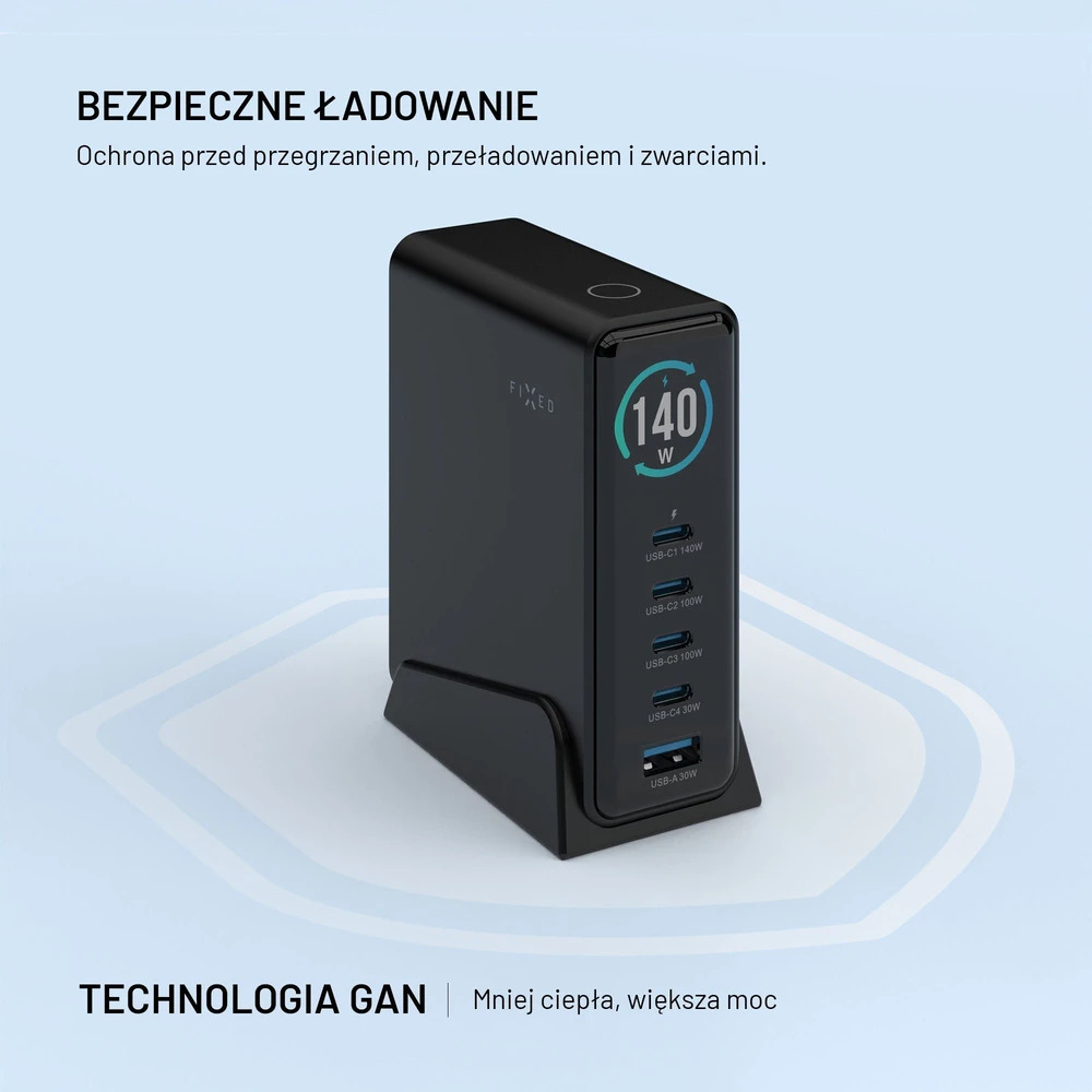 Fixed Fiksuotas GaN 140 įkroviklis 1x USB-A 4x USB-C 5 A (FIXCG140D-4C1A-BK)