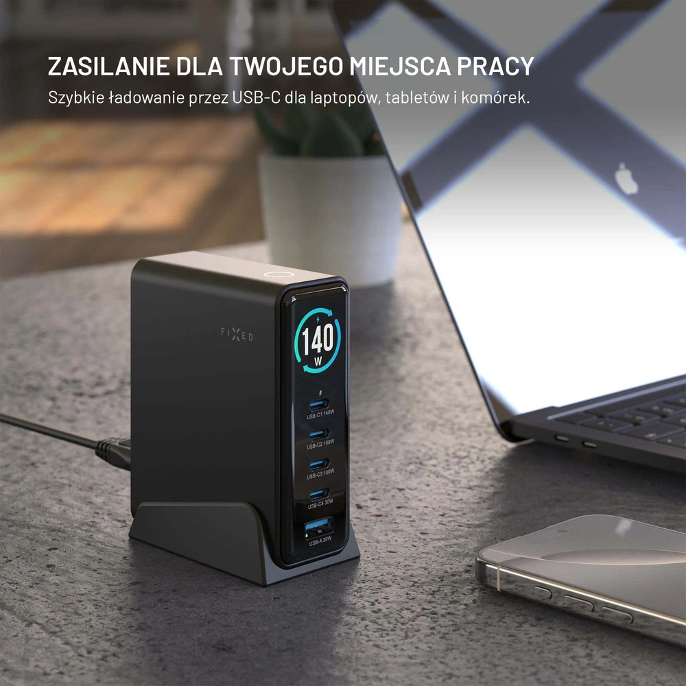 Fixed Fiksuotas GaN 140 įkroviklis 1x USB-A 4x USB-C 5 A (FIXCG140D-4C1A-BK)