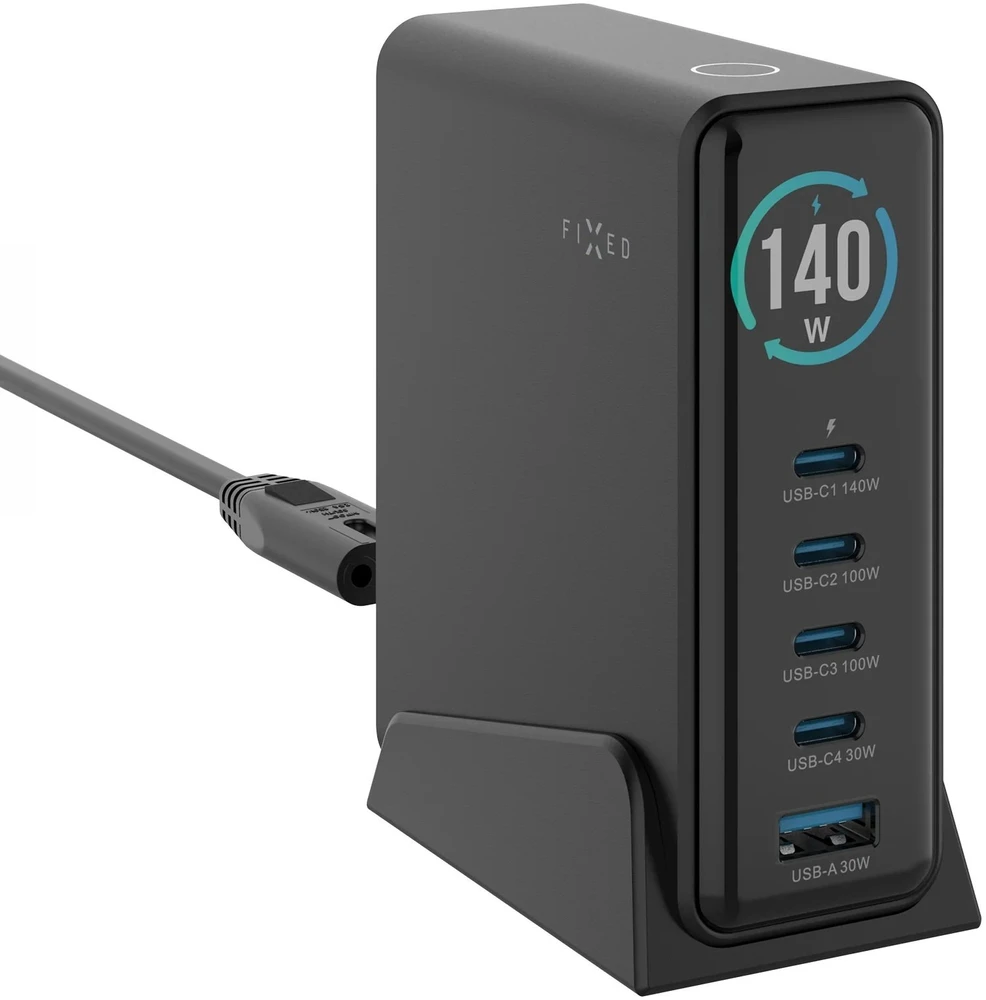 Fixed Fiksuotas GaN 140 įkroviklis 1x USB-A 4x USB-C 5 A (FIXCG140D-4C1A-BK)