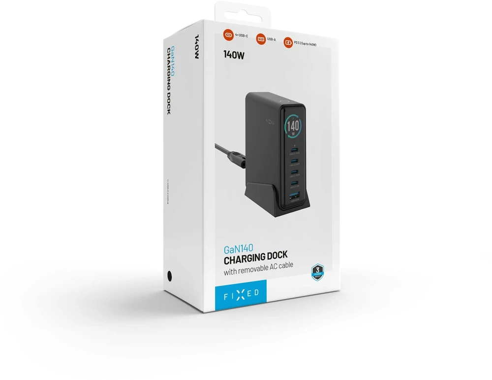 Fixed Fiksuotas GaN 140 įkroviklis 1x USB-A 4x USB-C 5 A (FIXCG140D-4C1A-BK)