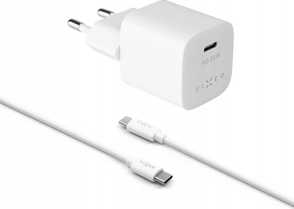Fixed Fiksuotas Mini USB-C 30W + kabelis USB-C/USB-C, baltas