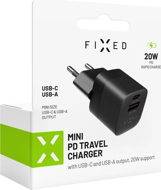 Fixed Fiksuotas Mini USB-C/USB 20W, juodas