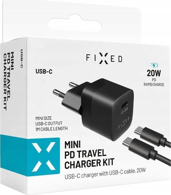 Fixed Mini USB-C 20W + kabelis USB-C/USB-C, juoda