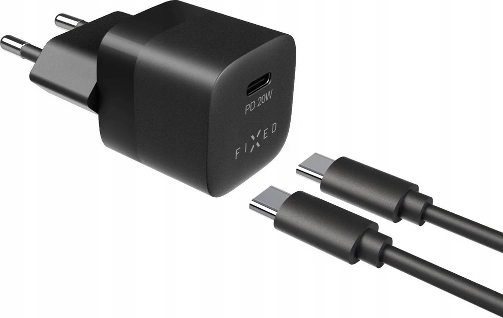 Fixed Mini USB-C 20W + kabelis USB-C/USB-C, juoda