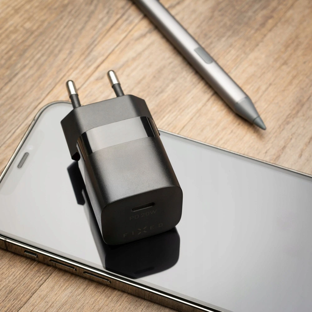 Fixed Mini USB-C 20W + kabelis USB-C/USB-C, juoda