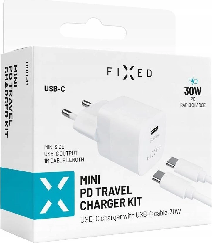 Fixed Fiksuotas Mini USB-C 30W + kabelis USB-C/USB-C, baltas