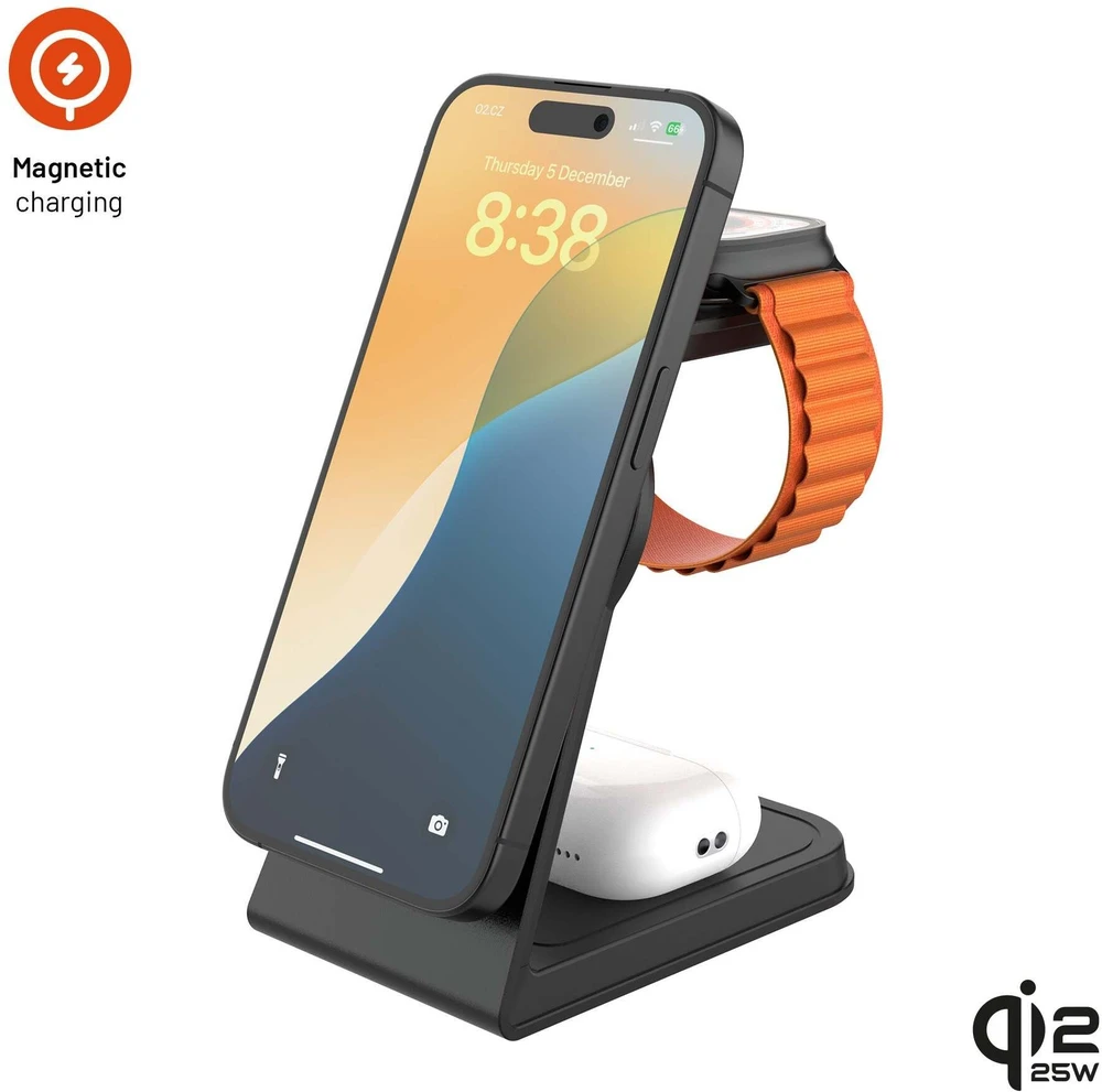 FIXED MagPowerstation Alu 3 Qi2.2 3-in1 stand, juodos spalvos