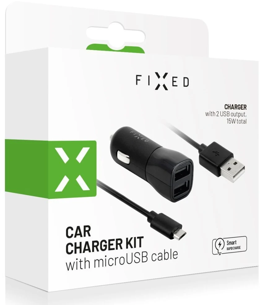 Įkroviklis Fixed Rinkinys ładowarki samochodowej FIXED su wyjściem 2xUSB i kablem USB/micro USB, 1 metr, 15W Smart Rapid Charge, juoda