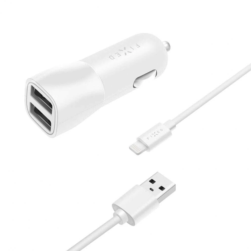 Įkroviklis Fiksuotas Rinkinys automobilinis įkroviklis FIXED su 2xUSB išvestimis ir USB/Lightning laidu, 1 metras, MFI, 15W išmanusis greitasis įkrovimas, balta