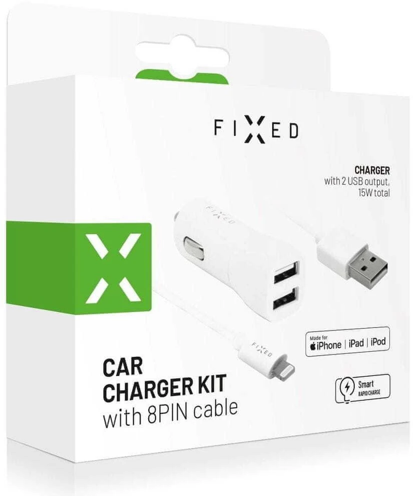 Įkroviklis Fiksuotas Rinkinys automobilinis įkroviklis FIXED su 2xUSB išvestimis ir USB/Lightning laidu, 1 metras, MFI, 15W išmanusis greitasis įkrovimas, balta