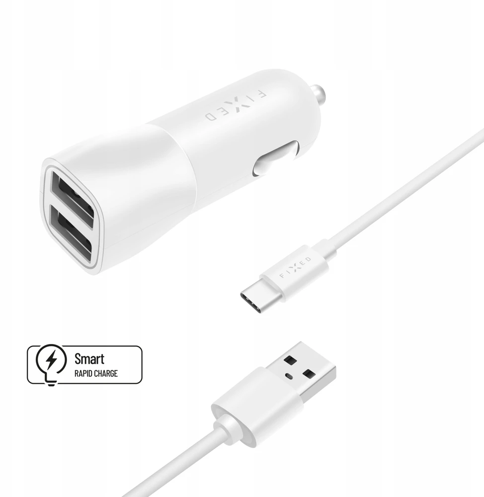 Įkroviklis Fixed. Rinkinys automobilinio įkroviklio FIXED su 2xUSB išėjimu ir USB/USB-C laidu, 1 m, 15W Smart Rapid Charge, baltas